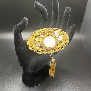 Vintage Gold Tone Watch Brooch Rhinestones Tassel